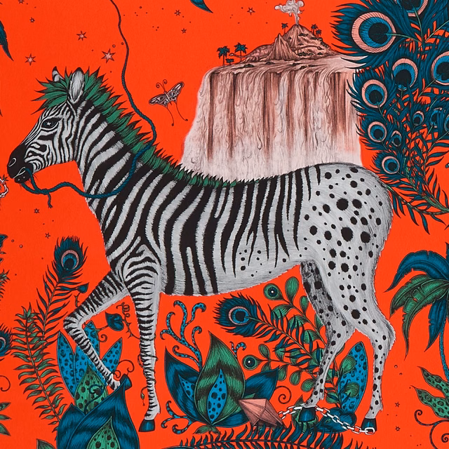 Scarlet red wallpaper showing a striped zebra, waterfall, peacock feathers and botanical foliage
