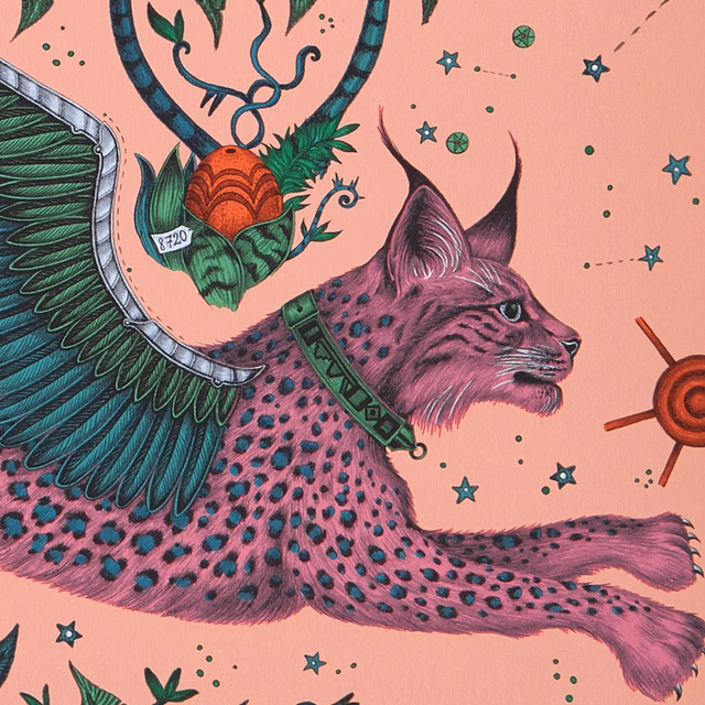 Coral pink wallpaper showing a spotted magenta lynx beneath teal wings and botanical details