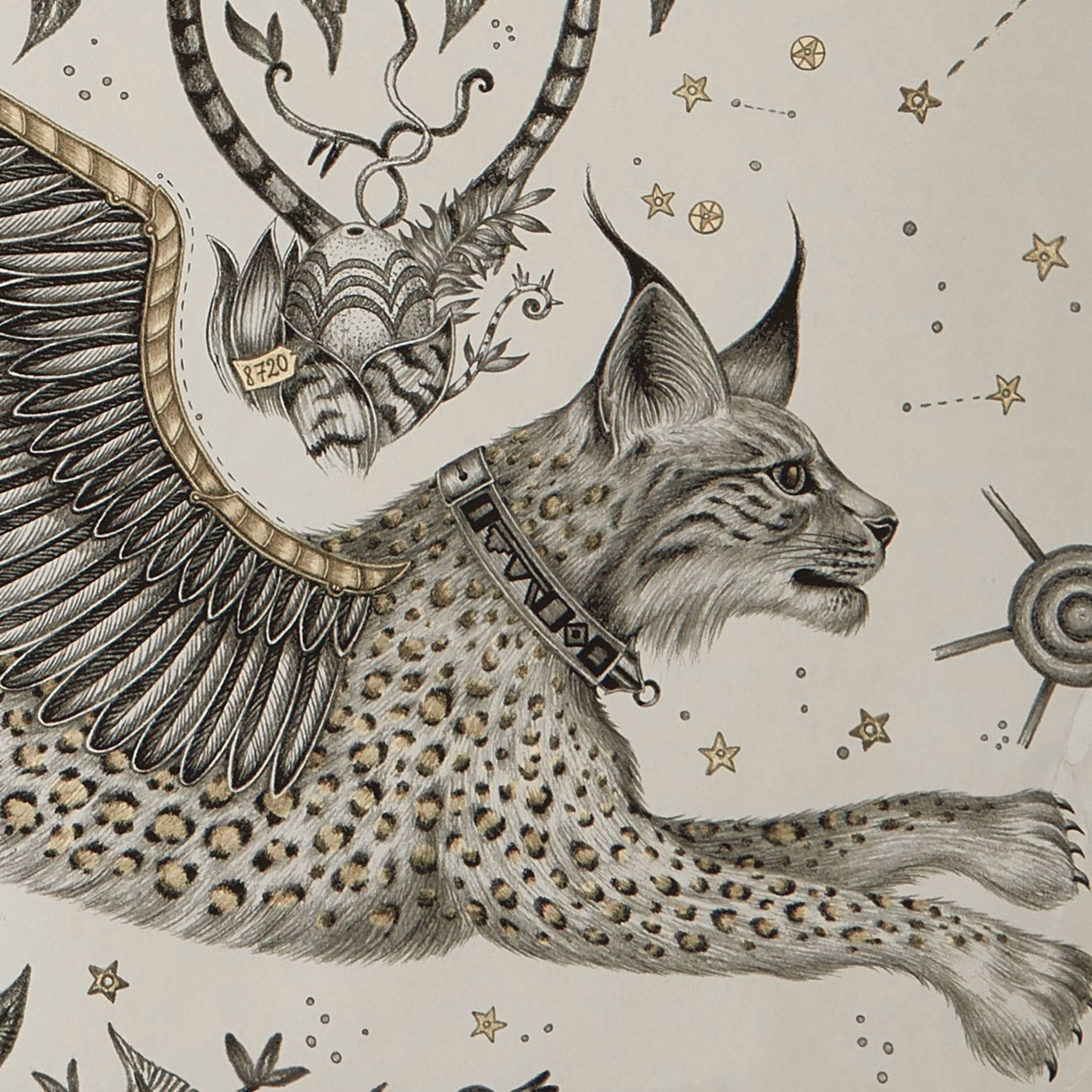 Cream wallpaper with a charcoal lynx, feathered wing and scattered muted-gold stars