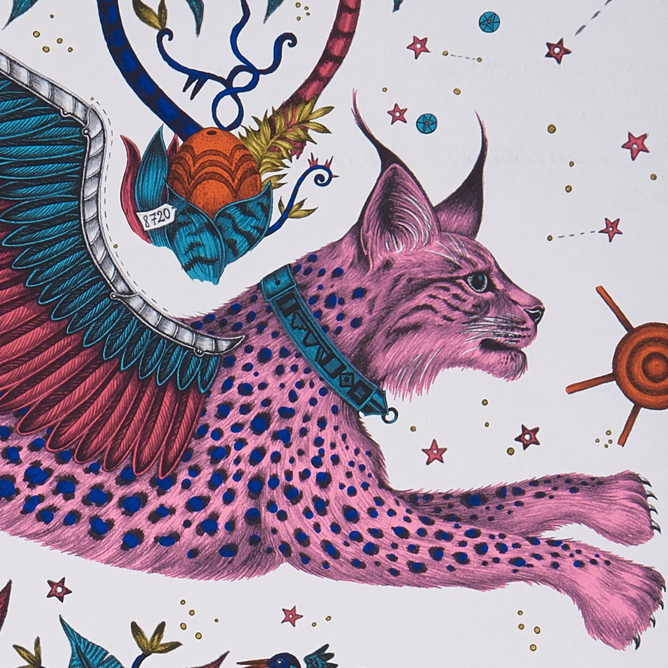 Illustrated magenta lynx wallpaper with blue spots, birds, stars and botanical details