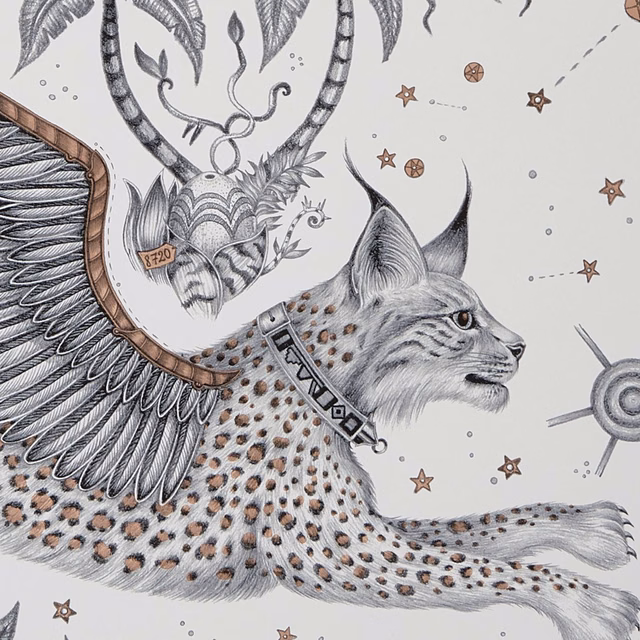 Warm nude wallpaper showing a grey winged lynx with rust stars and feathered detail