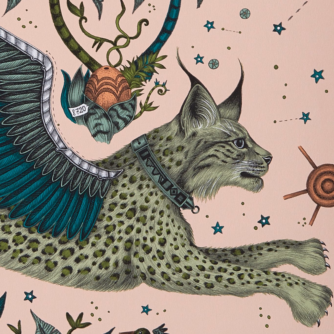 Blush-pink wallpaper showing an olive lynx with teal feathers, leaves and stars