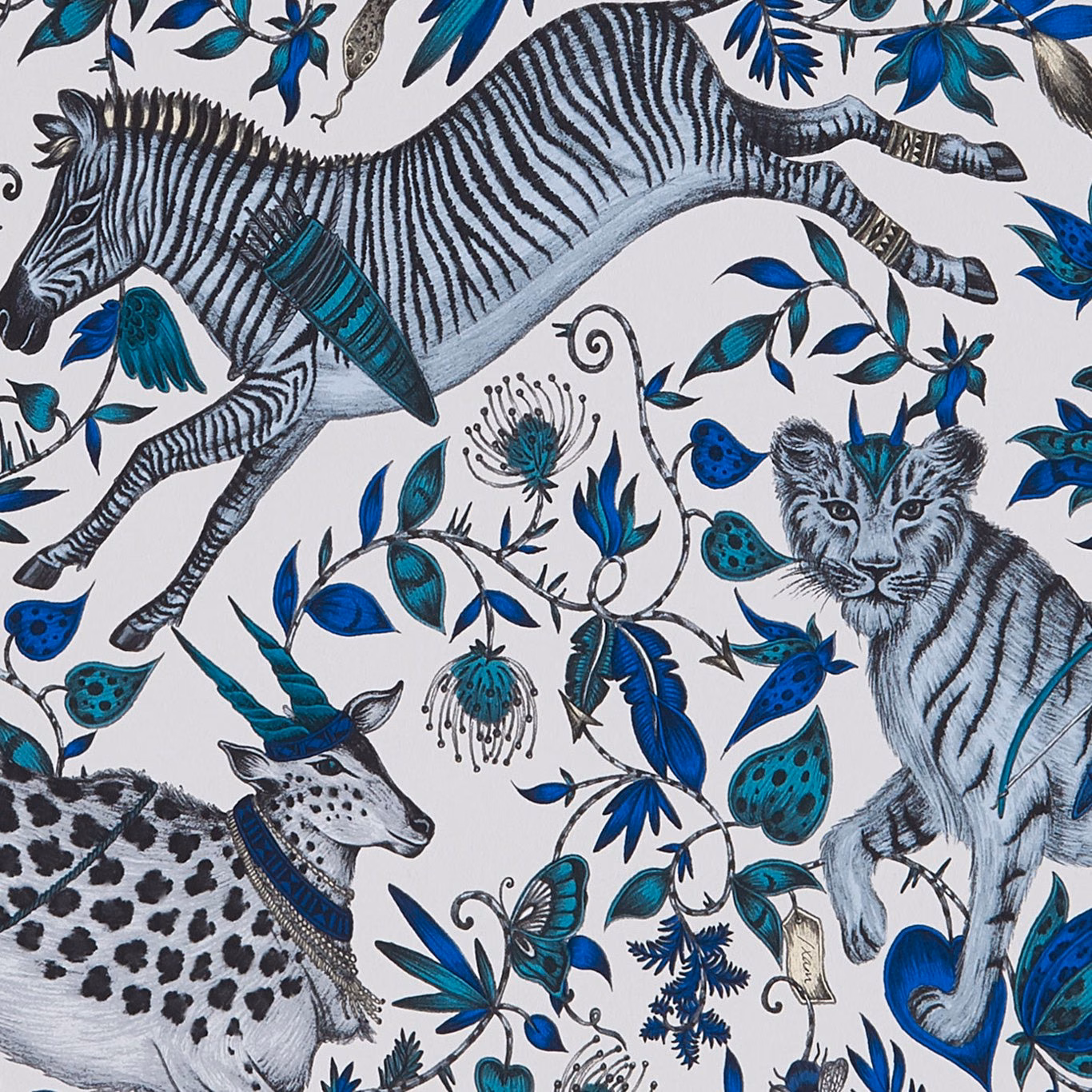 Cobalt and teal wildlife wallpaper with zebra, leopard, tiger and botanical motifs