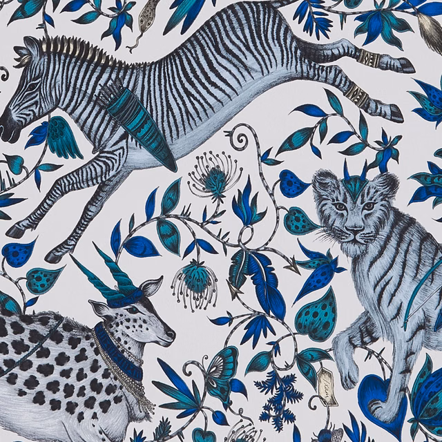 Cobalt and teal wildlife wallpaper with zebra, leopard, tiger and botanical motifs