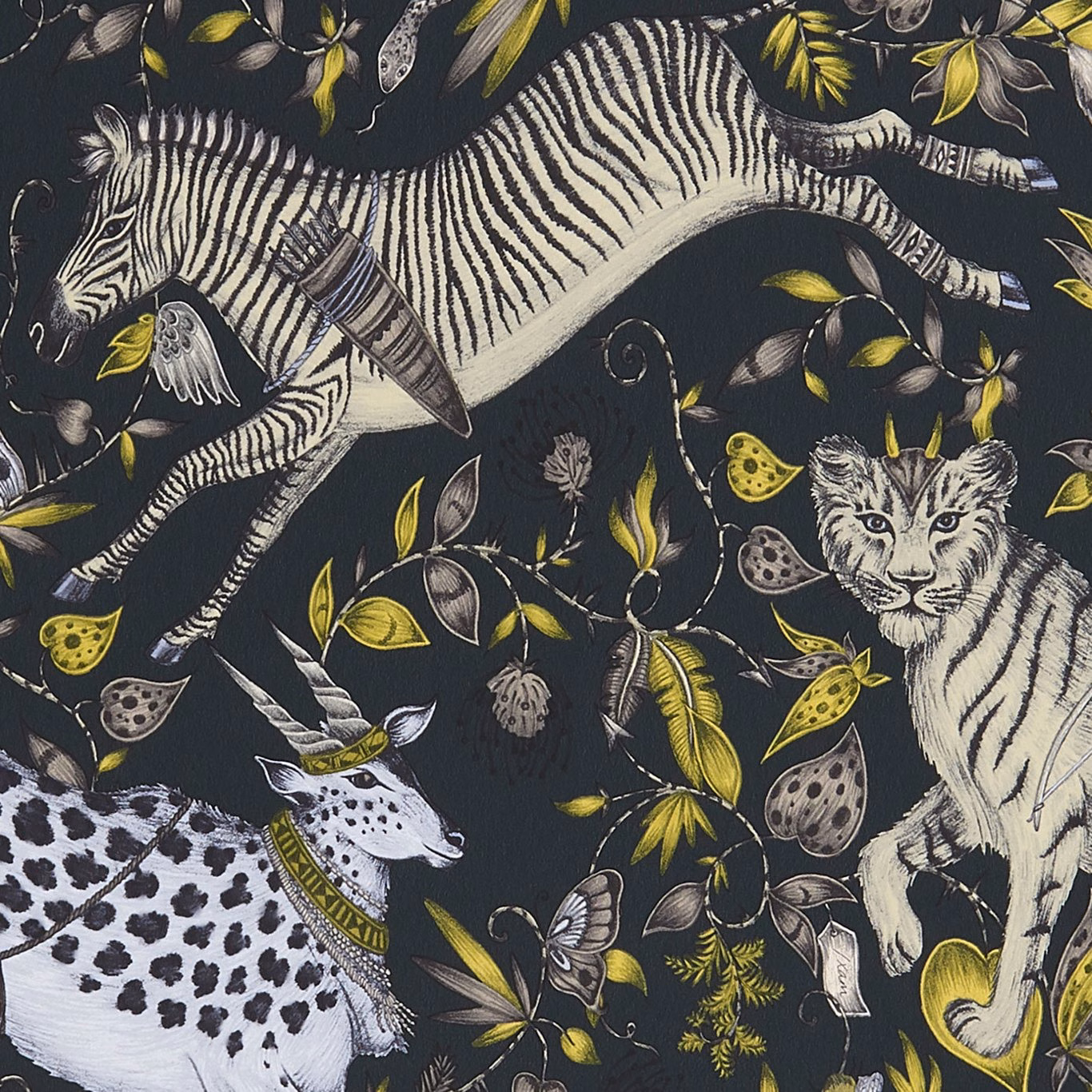 Charcoal wallpaper with cream zebras, a spotted cat, and olive-yellow leaves