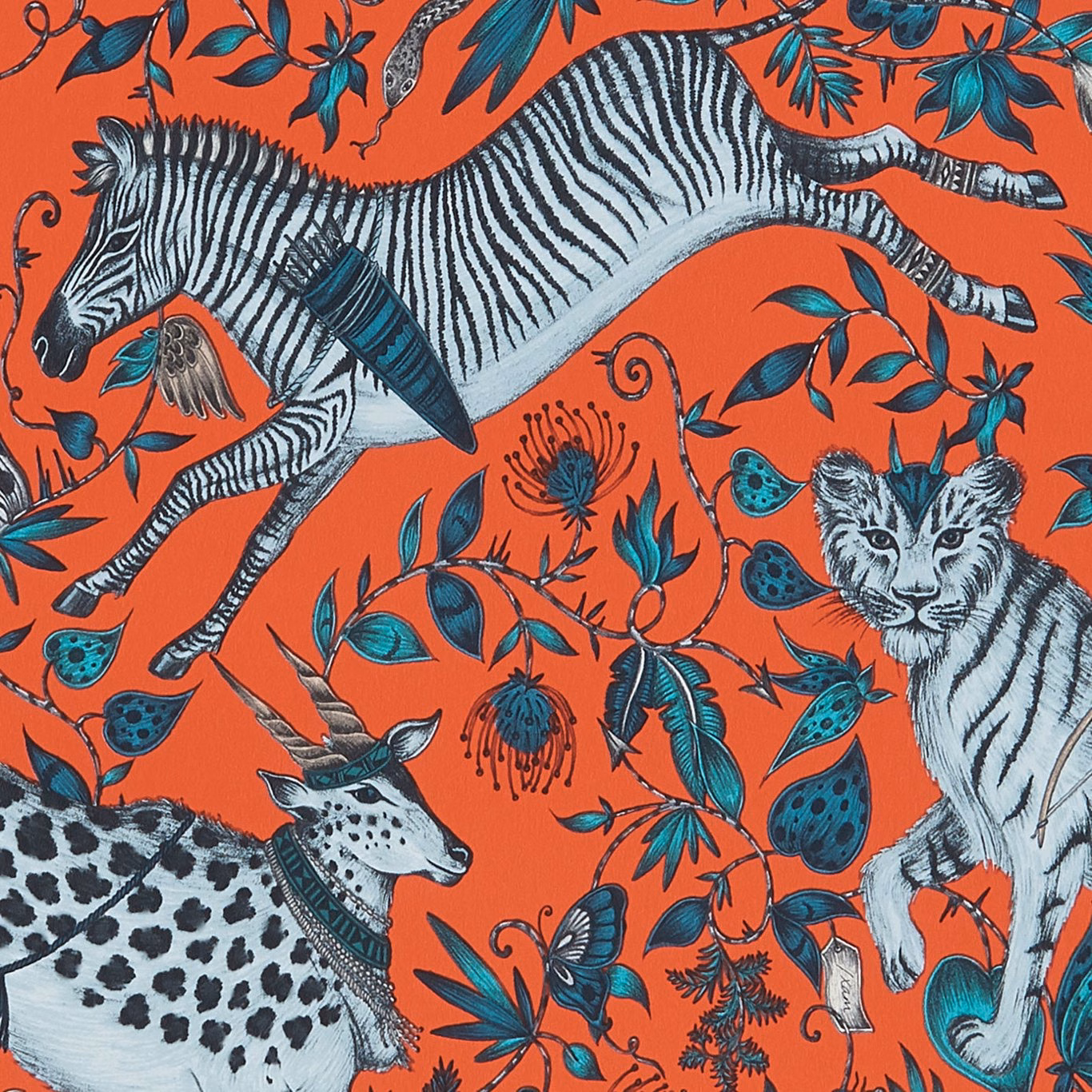 Vivid coral wallpaper with striped zebras, spotted leopard, tiger and teal botanicals