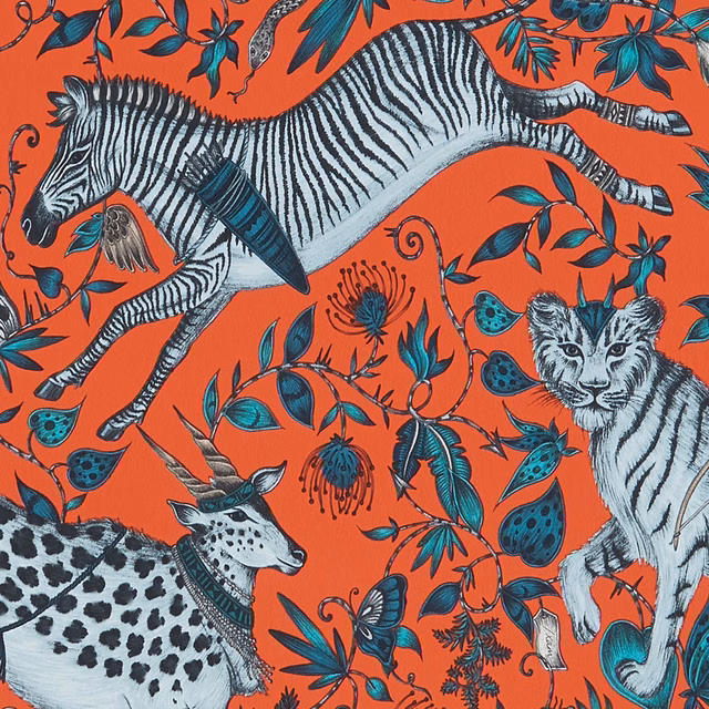 Vivid coral wallpaper with striped zebras, spotted leopard, tiger and teal botanicals