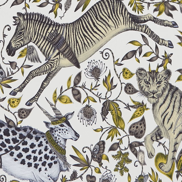Cream wallpaper with charcoal zebra, spotted leopard, olive leaves and gold botanical details