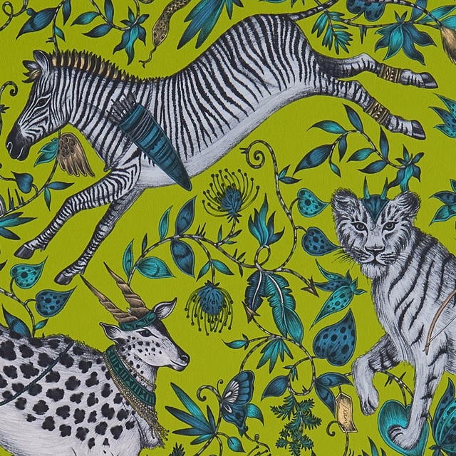 Vivid lime wallpaper with zebra, striped cat, teal foliage and spotted animal