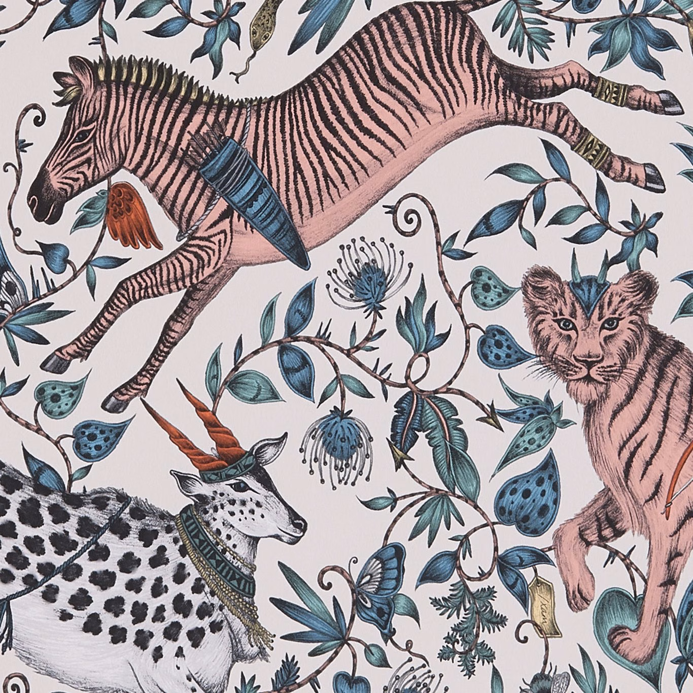 Blush-pink zebra and monkey wallpaper with teal foliage and spotted pods
