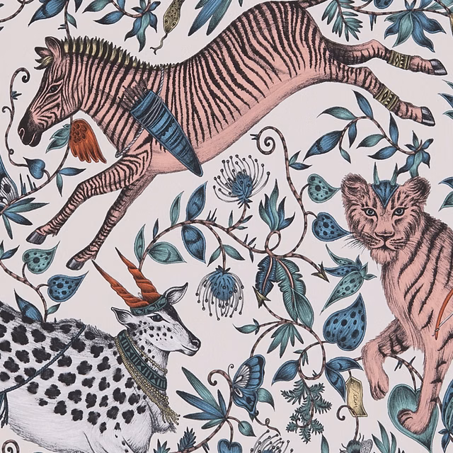 Blush-pink zebra and monkey wallpaper with teal foliage and spotted pods