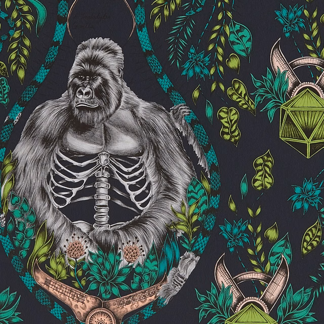 Charcoal wallpaper with silverback gorilla, skeleton, teal foliage and lime-green botanicals