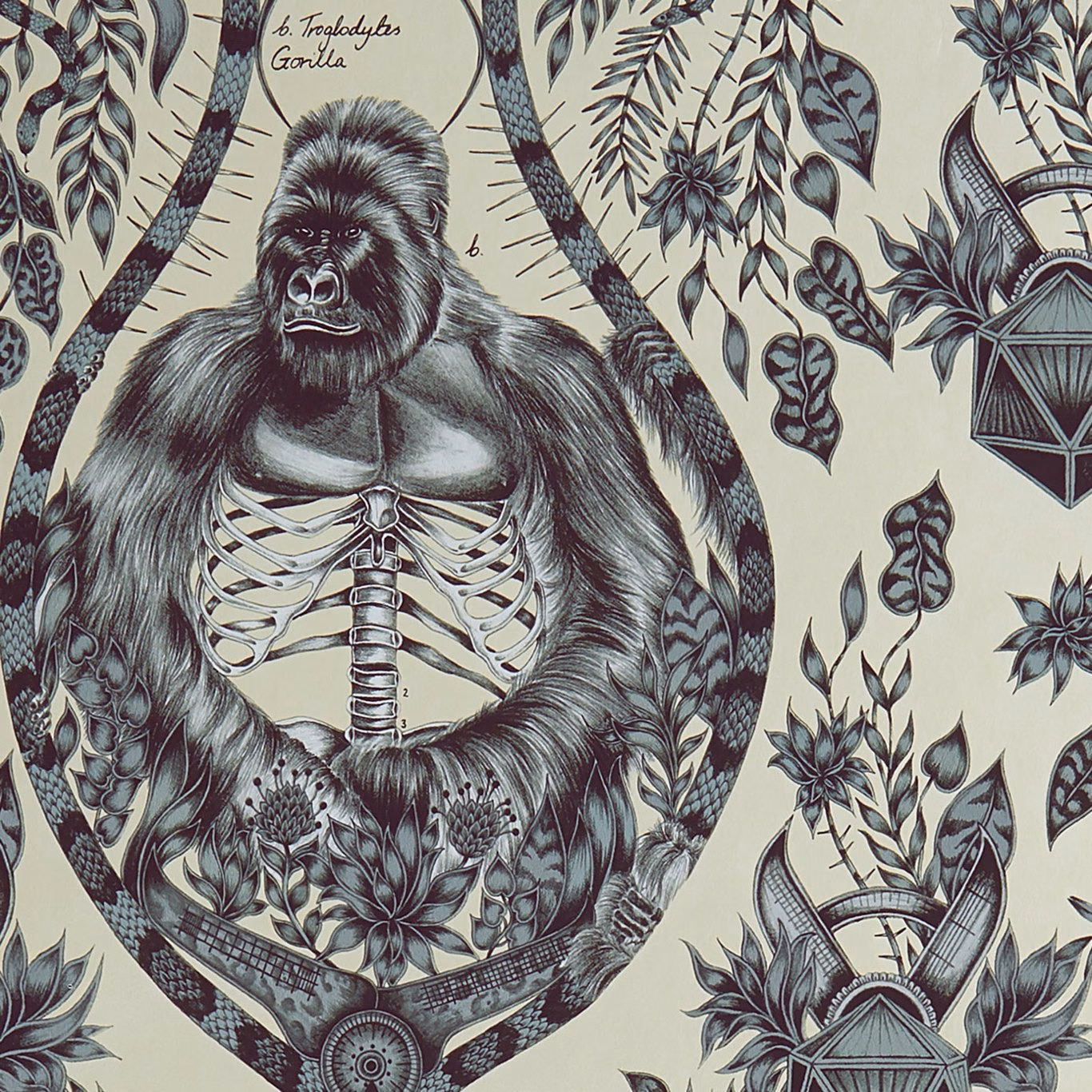 Charcoal silverback gorilla and botanical illustrations on a pale gold wallpaper ground