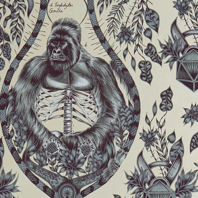 Charcoal silverback gorilla and botanical illustrations on a pale gold wallpaper ground