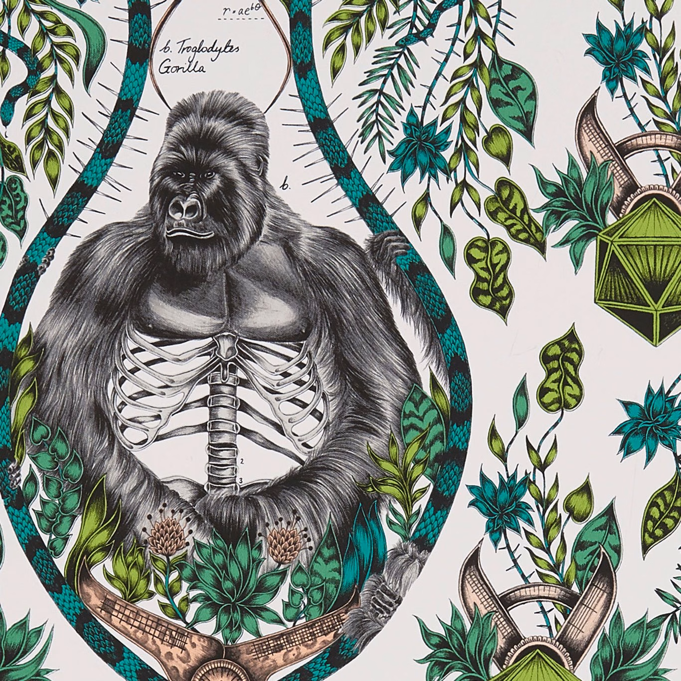 Pale nude wallpaper with silverback gorilla, teal vines and emerald botanical illustrations