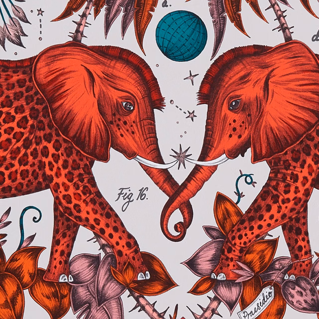Flame-red elephants with spotted bodies, teal globe and colourful foliage on pale wallpaper