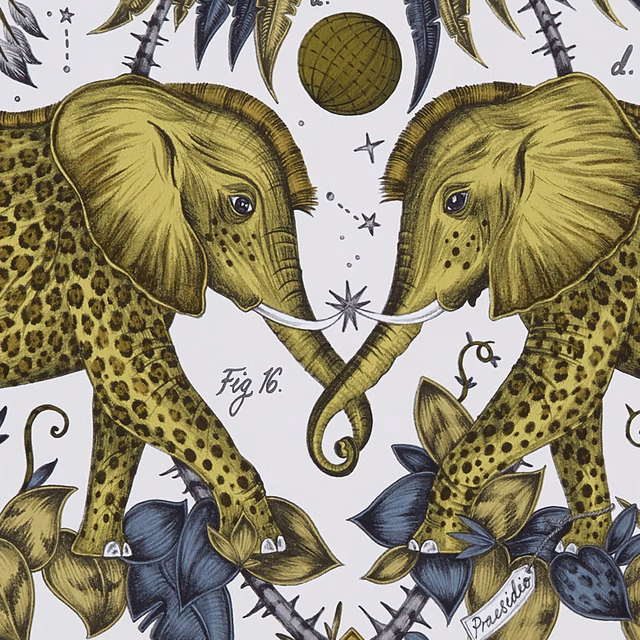 Olive-gold elephants with navy foliage and stars on a white wallpaper ground