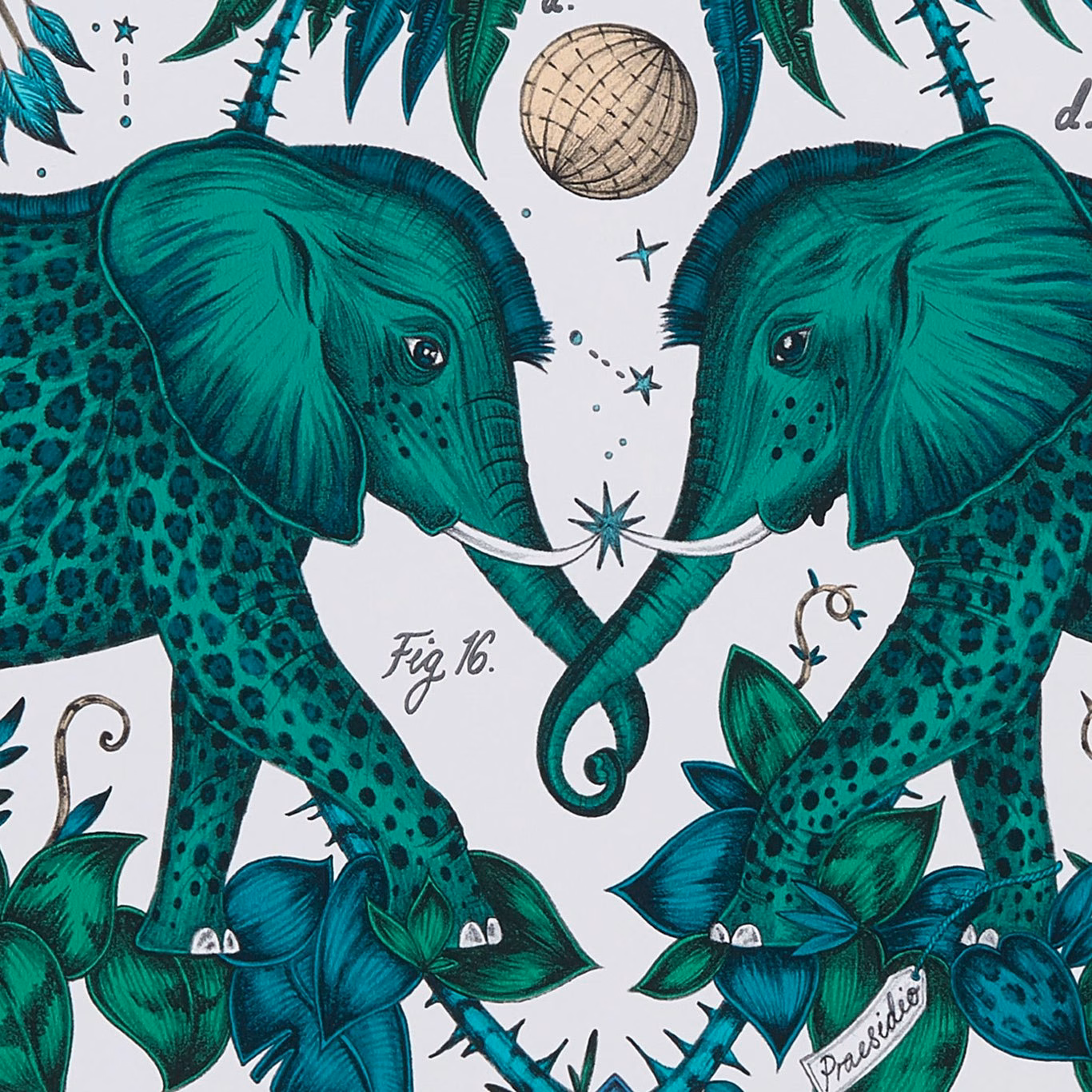 Teal green elephant wallpaper with jungle leaves, stars and pale background