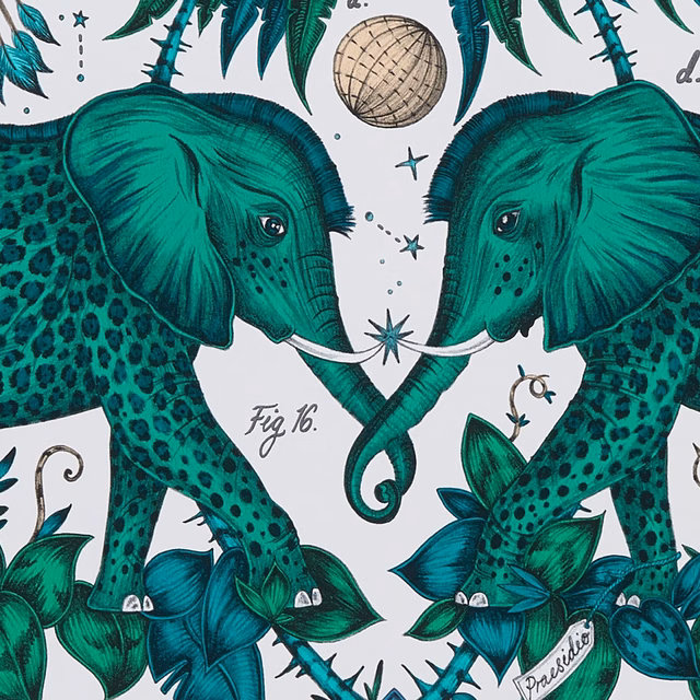 Teal green elephant wallpaper with jungle leaves, stars and pale background