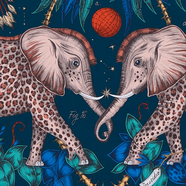 Deep navy wallpaper showing paired elephants, turquoise foliage and a red circular motif