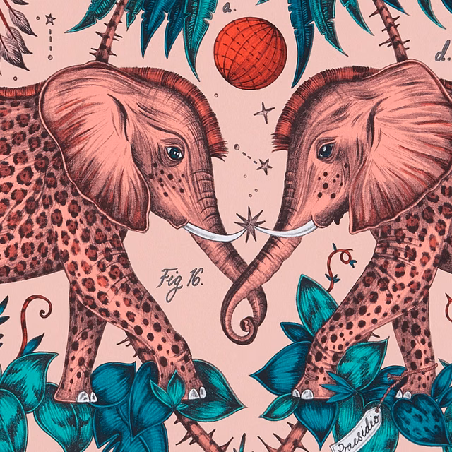 Blush wallpaper with pink elephants, teal leaves, crimson fruit and leopard spotting