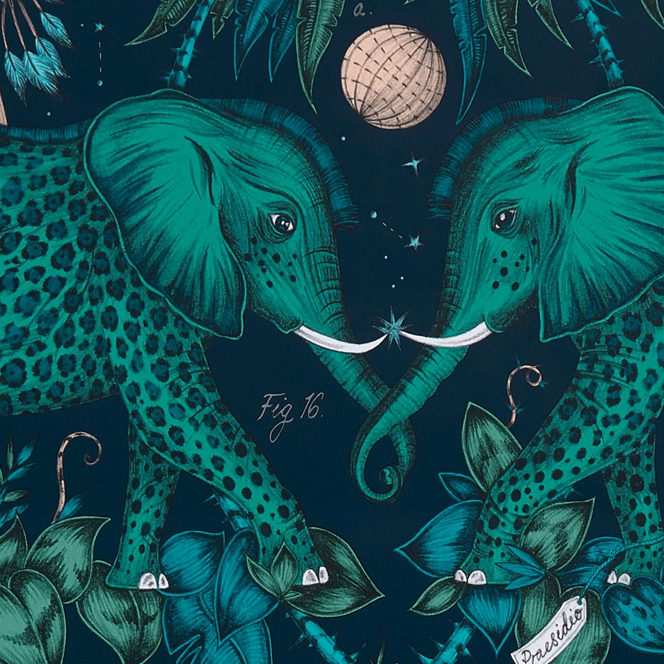 Deep teal wallpaper showing paired green elephants beneath a moonlit botanical canopy