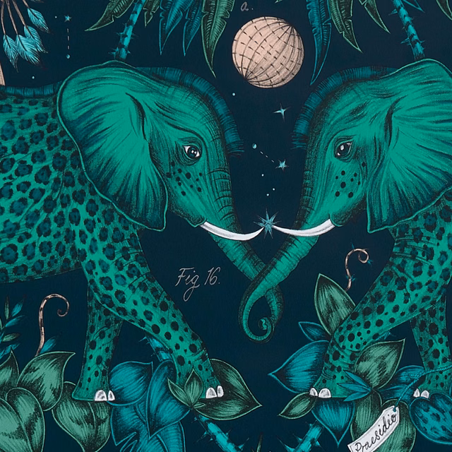 Deep teal wallpaper showing paired green elephants beneath a moonlit botanical canopy