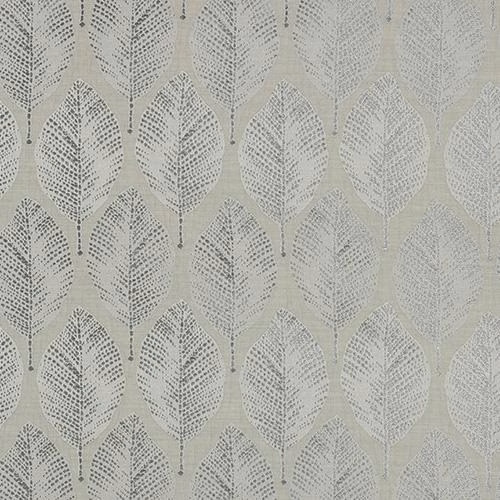 Pale dove-grey leaf pattern fabric with tonal woven texture and soft repeats
