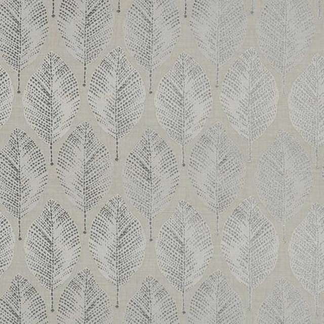 Pale dove-grey leaf pattern fabric with tonal woven texture and soft repeats