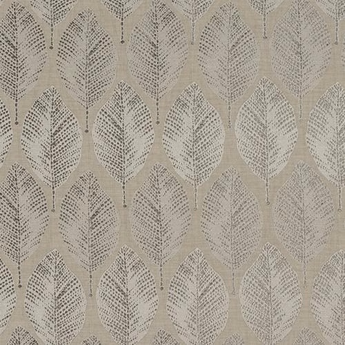 Mushroom beige leaf-patterned woven fabric with tonal taupe and cream details
