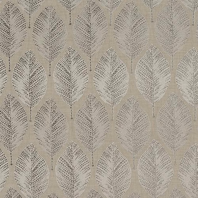 Mushroom beige leaf-patterned woven fabric with tonal taupe and cream details