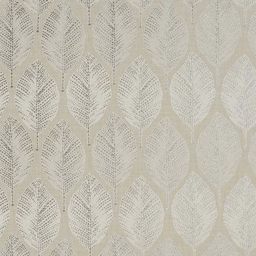 Pale oyster fabric with repeated leaf motif in chalky ivory and soft taupe dots