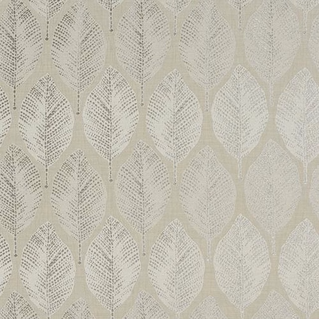 Pale oyster fabric with repeated leaf motif in chalky ivory and soft taupe dots