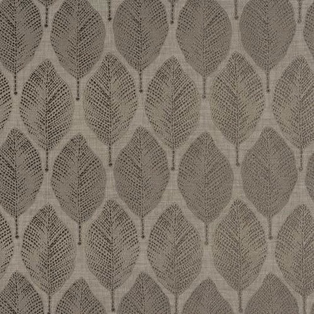 Taupe leaf-pattern fabric with textured woven motif on a pale neutral ground