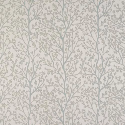 Pale duck egg fabric with delicate grey tree branches and small leaves