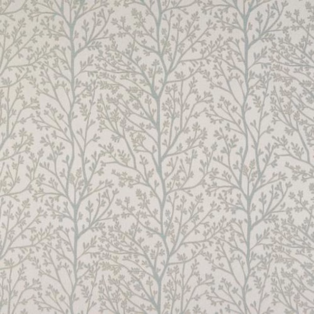 Pale duck egg fabric with delicate grey tree branches and small leaves