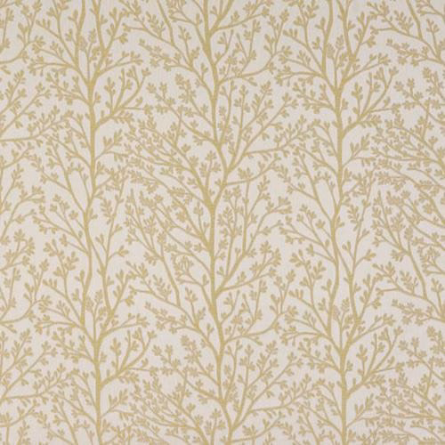 Pale ivory fabric with an ochre branching leaf pattern in a large repeat