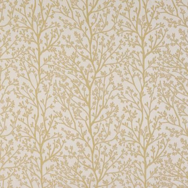 Pale ivory fabric with an ochre branching leaf pattern in a large repeat
