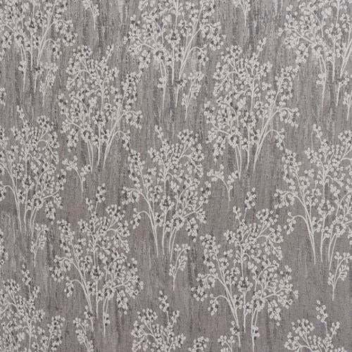 Grey botanical fabric with pale trailing floral stems and textured ground
