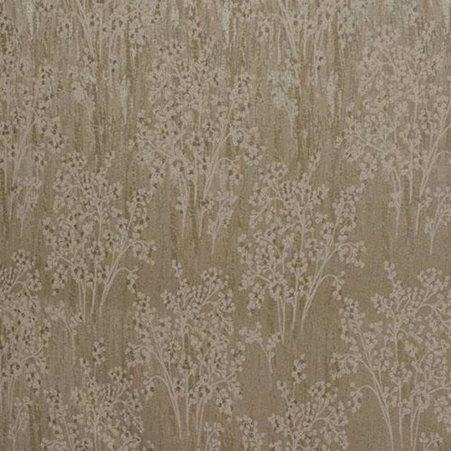 Taupe botanical fabric swatch with pale linen-look stems and blossoms