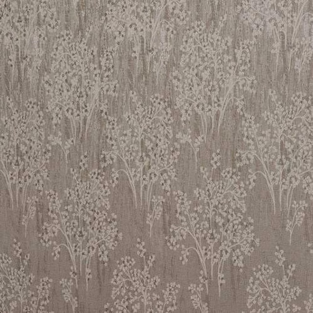 Soft taupe floral fabric with pale trailing botanical motif and textured woven ground