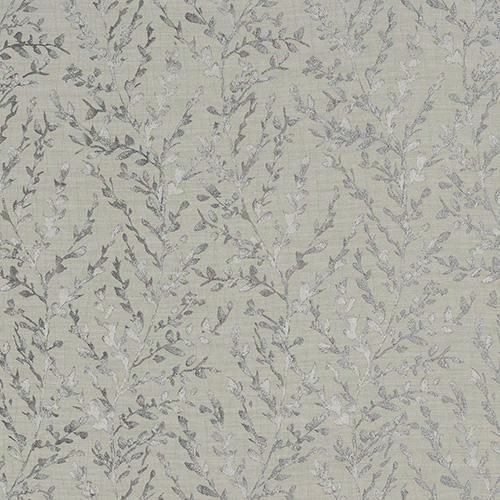 Pale dove-grey botanical trail fabric with soft leafy stems and muted woven texture