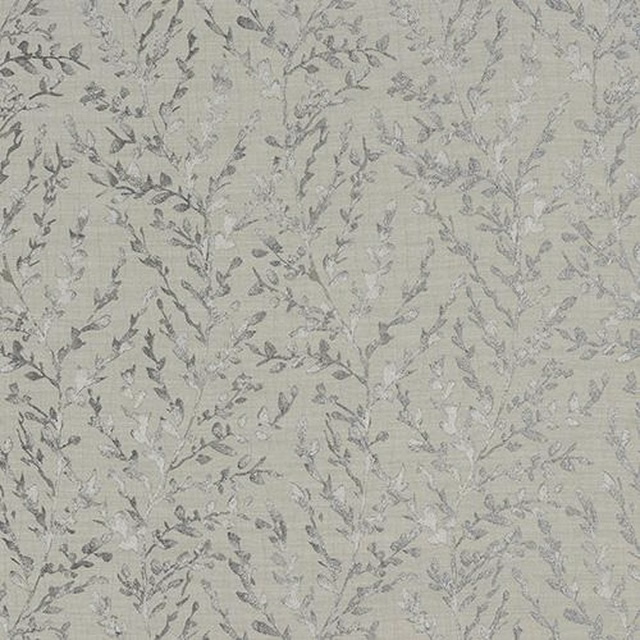 Pale dove-grey botanical trail fabric with soft leafy stems and muted woven texture