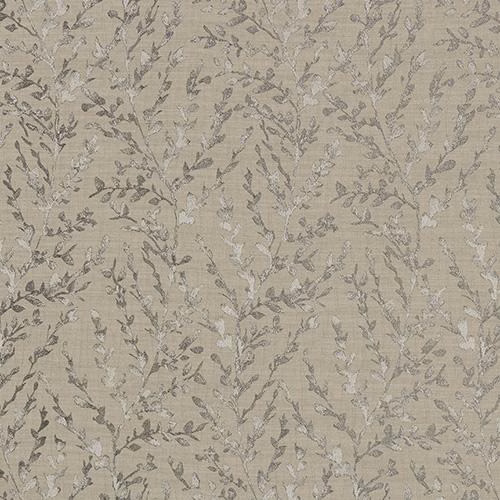 Mushroom beige botanical woven fabric with trailing leaf pattern on a soft neutral ground