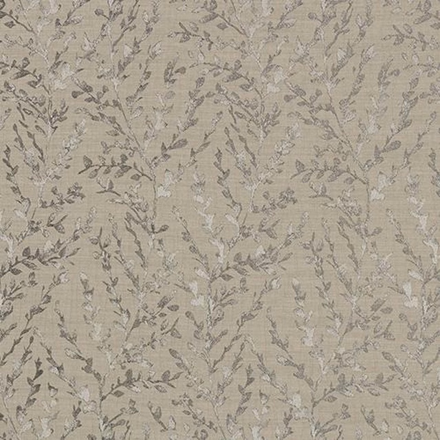 Mushroom beige botanical woven fabric with trailing leaf pattern on a soft neutral ground