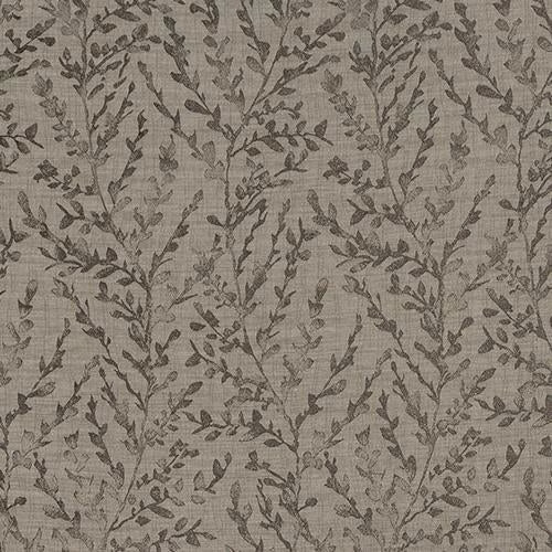 Taupe botanical trail fabric with fine leaf motifs and woven texture