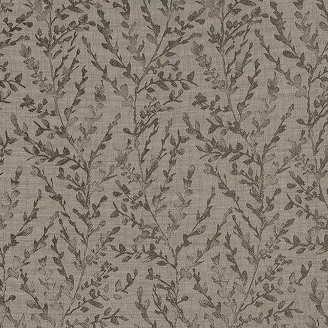 Taupe botanical trail fabric with fine leaf motifs and woven texture