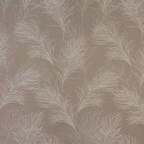 Taupe fabric with pale feather motifs and a soft textured ground