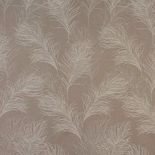 Taupe fabric with pale feather motifs and a soft textured ground