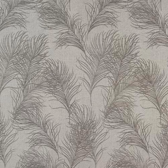 Soft grey feather-pattern fabric with tonal wispy plumes on a pale ground